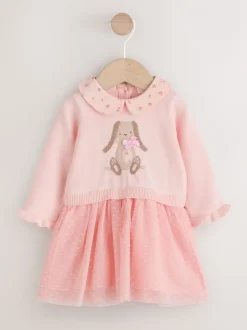 Gelegenheidskleding|Jurken*Next Roze met konijnen - Gebreide tweedelige babyjurk (0mnd-2jr)