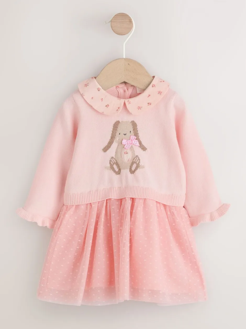Gelegenheidskleding|Jurken*Next Roze met konijnen - Gebreide tweedelige babyjurk (0mnd-2jr)