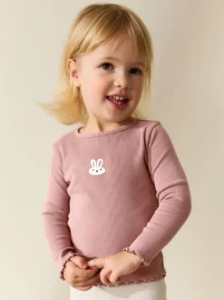 Tops|T-Shirts*Next - Long sleeve Embroidered Ribbed Top (3mths-7yrs) Roze met konijnen