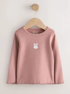 Tops|T-Shirts*Next - Long sleeve Embroidered Ribbed Top (3mths-7yrs) Roze met konijnen