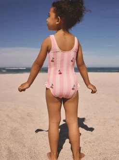 Badkleding|Badkleding|Next - Badpak met ruches op de pijpen (3mnd -7jr) Roze met streep- en kersenprint