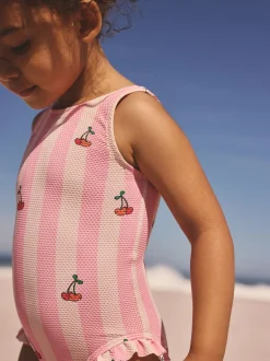 Badkleding|Badkleding|Next - Badpak met ruches op de pijpen (3mnd -7jr) Roze met streep- en kersenprint