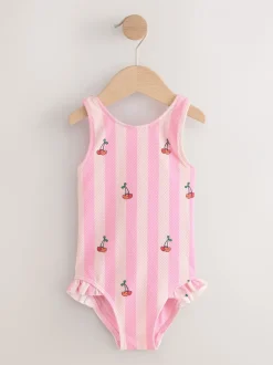 Badkleding|Badkleding|Next - Badpak met ruches op de pijpen (3mnd -7jr) Roze met streep- en kersenprint