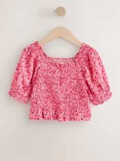 Overhemden En Blouses|Next - Gesmokte blouse (3-16jr) Roze met vrolijke print