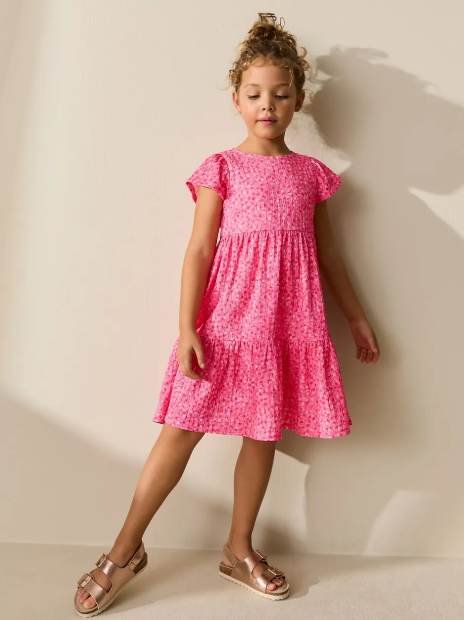 Jurken|Next - Angel Sleeve Crinkle Dress (3-16yrs) Roze met vrolijke print