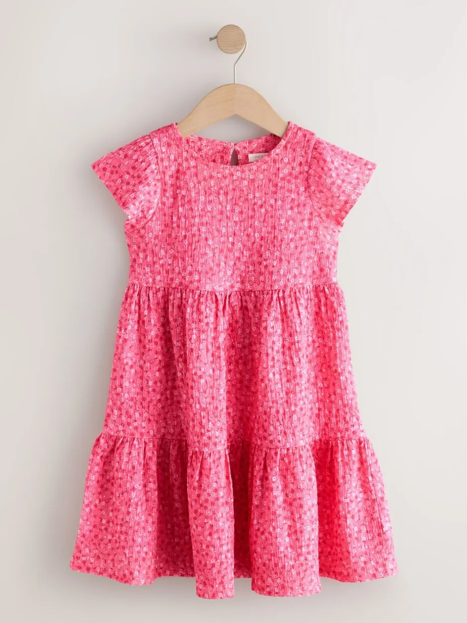 Jurken|Next - Angel Sleeve Crinkle Dress (3-16yrs) Roze met vrolijke print