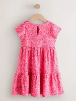 Jurken|Next - Angel Sleeve Crinkle Dress (3-16yrs) Roze met vrolijke print
