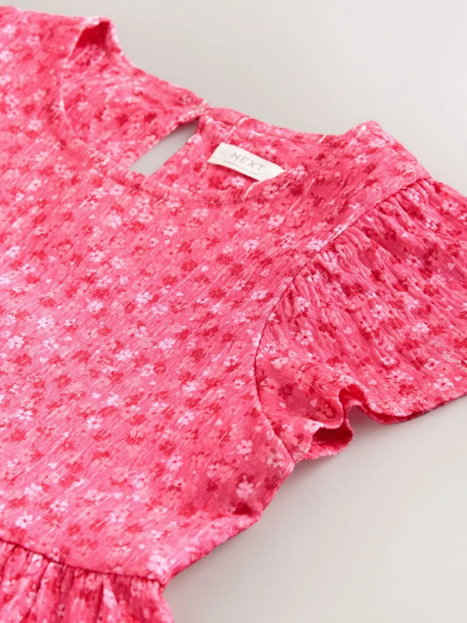 Jurken|Next - Angel Sleeve Crinkle Dress (3-16yrs) Roze met vrolijke print
