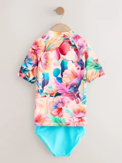 Badkleding*Next Roze tropisch - Short Sleeve Sunsafe Rash Vest And Pant Swim Set (3-16yrs)