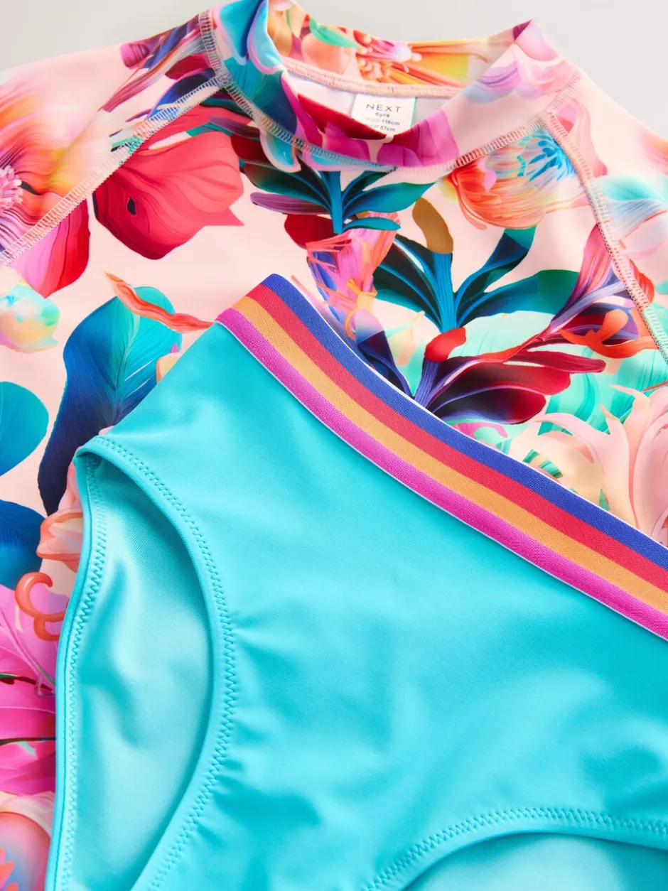 Badkleding*Next Roze tropisch - Short Sleeve Sunsafe Rash Vest And Pant Swim Set (3-16yrs)