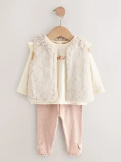Tops|Tops*Next Roze/crème - 3 -delige babyset met bontgilet, top en leggings (0mnd -2jr)