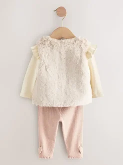 Tops|Tops*Next Roze/crème - 3 -delige babyset met bontgilet, top en leggings (0mnd -2jr)