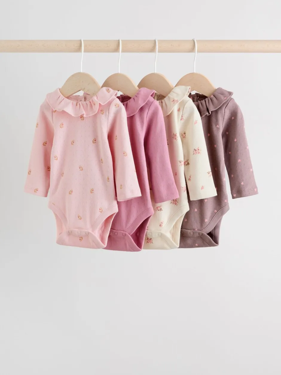 Rompertjes En Hemdjes*Next - Verpakking van 4 babyrompers met lange mouwen en ruches (0mnd-2jr) Roze/crème/bruin met fijne bloemetjesprint