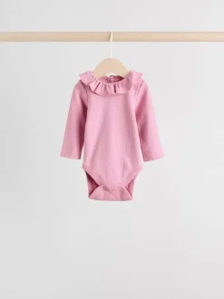 Rompertjes En Hemdjes*Next - Verpakking van 4 babyrompers met lange mouwen en ruches (0mnd-2jr) Roze/crème/bruin met fijne bloemetjesprint