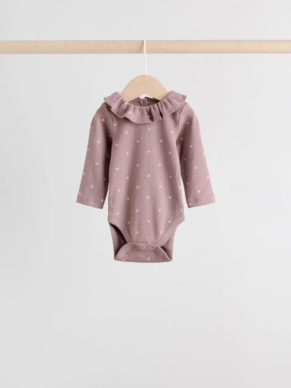 Rompertjes En Hemdjes*Next - Verpakking van 4 babyrompers met lange mouwen en ruches (0mnd-2jr) Roze/crème/bruin met fijne bloemetjesprint