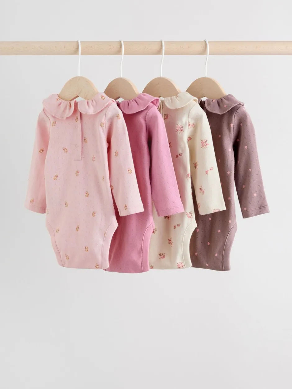 Rompertjes En Hemdjes*Next - Verpakking van 4 babyrompers met lange mouwen en ruches (0mnd-2jr) Roze/crème/bruin met fijne bloemetjesprint