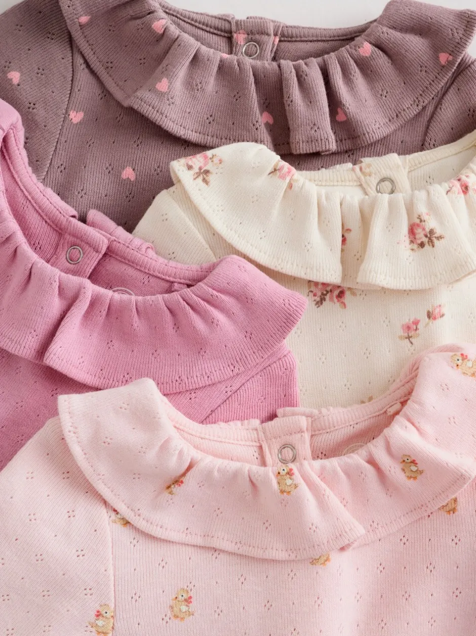 Rompertjes En Hemdjes*Next - Verpakking van 4 babyrompers met lange mouwen en ruches (0mnd-2jr) Roze/crème/bruin met fijne bloemetjesprint