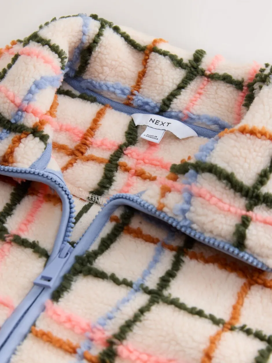 Hoody's En Sweatshirts|Next Roze/ecru geruit - Soft Touch Knusse Teddy Borg Kwartrondrits Fleece