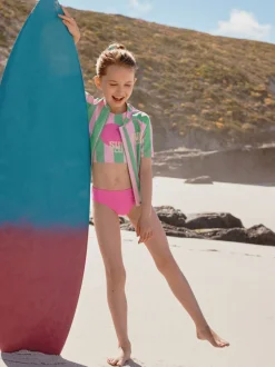 Badkleding|Next - Sunsafe Rash Vest Bikini And Scrunchie Swim Set (3-16yrs) Roze/groene strepen