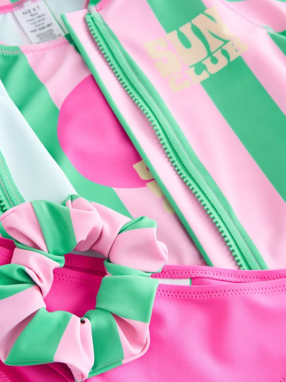 Badkleding|Next - Sunsafe Rash Vest Bikini And Scrunchie Swim Set (3-16yrs) Roze/groene strepen