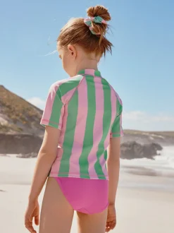 Badkleding|Next - Sunsafe Rash Vest Bikini And Scrunchie Swim Set (3-16yrs) Roze/groene strepen