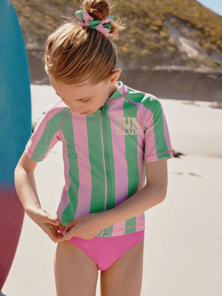Badkleding|Next - Sunsafe Rash Vest Bikini And Scrunchie Swim Set (3-16yrs) Roze/groene strepen