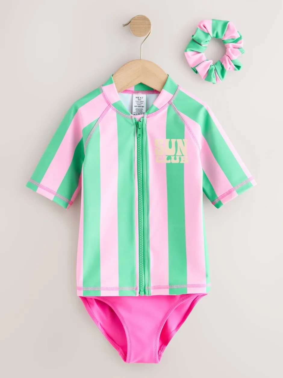 Badkleding|Next - Sunsafe Rash Vest Bikini And Scrunchie Swim Set (3-16yrs) Roze/groene strepen