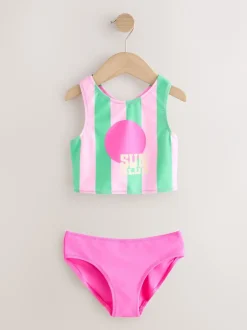 Badkleding|Next - Sunsafe Rash Vest Bikini And Scrunchie Swim Set (3-16yrs) Roze/groene strepen