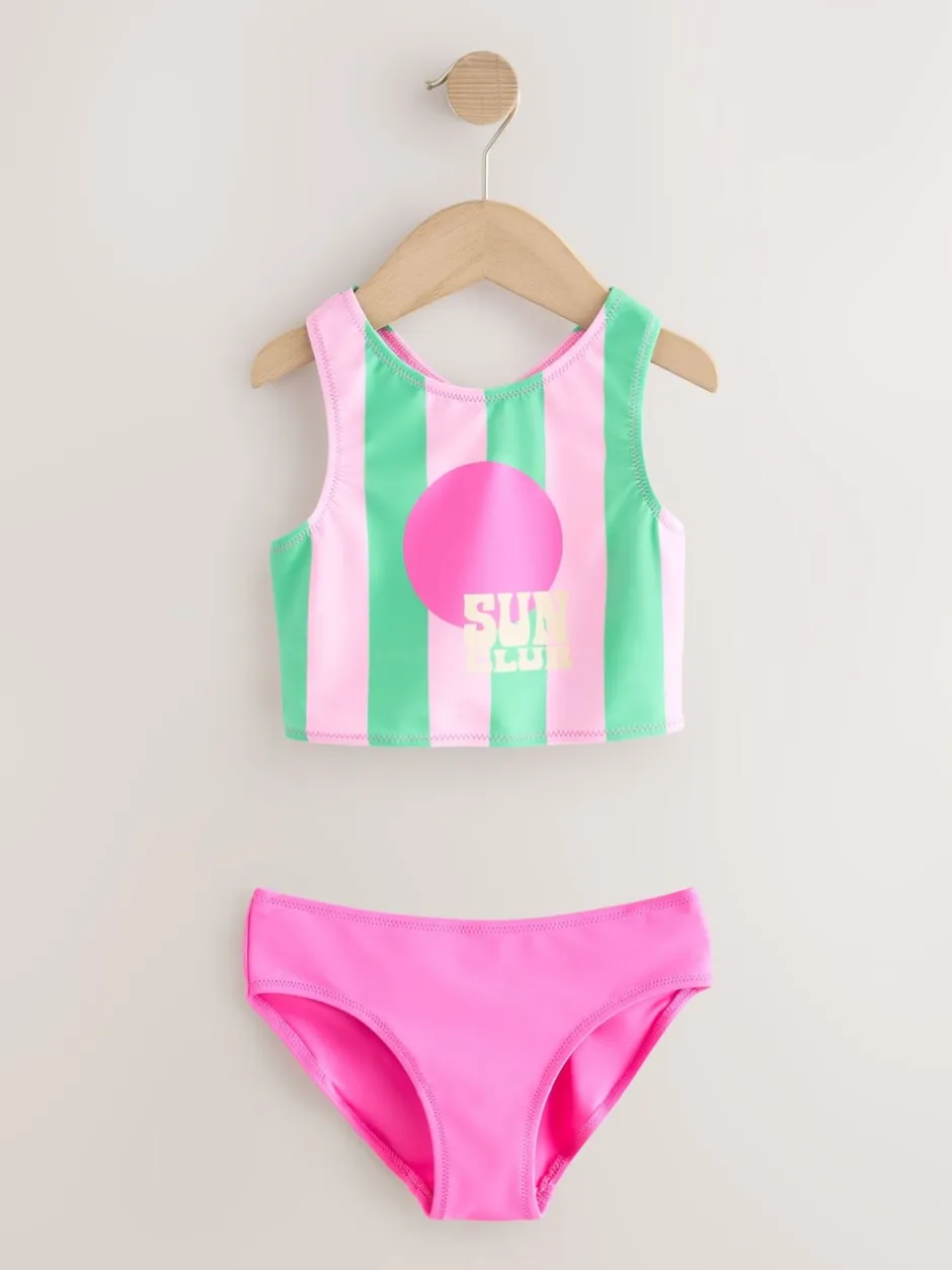 Badkleding|Next - Sunsafe Rash Vest Bikini And Scrunchie Swim Set (3-16yrs) Roze/groene strepen