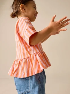 Tops|T-Shirts|Next Roze/oranje gestreept - T-shirt met peplum en korte mouwen (3mnd -7jr)
