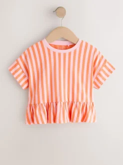 Tops|T-Shirts|Next Roze/oranje gestreept - T-shirt met peplum en korte mouwen (3mnd -7jr)