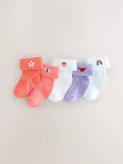 Sokken En Panty's|Next - Set van 5 paar babysokken met omgerolde rand (0 mnd-2 jr) Roze/paars/wit