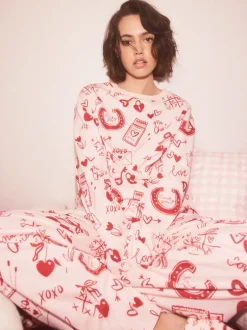 Pyjama's|Loungewear|Next - Geribbelde pyjama met lange mouwen Roze/rood met hart