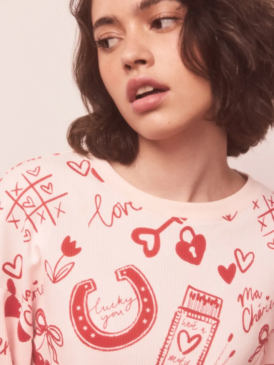 Pyjama's|Loungewear|Next - Geribbelde pyjama met lange mouwen Roze/rood met hart