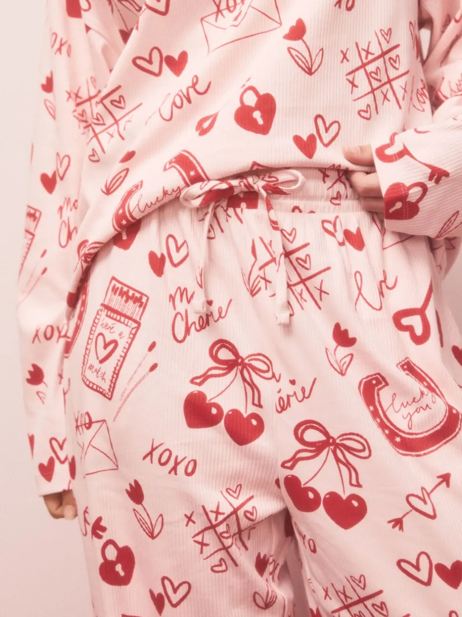 Pyjama's|Loungewear|Next - Geribbelde pyjama met lange mouwen Roze/rood met hart