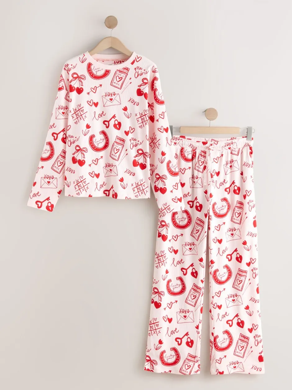 Pyjama's|Loungewear|Next - Geribbelde pyjama met lange mouwen Roze/rood met hart