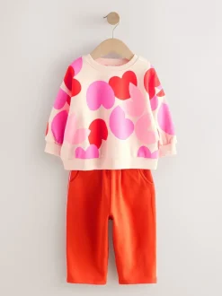 Sets En Combisets|Truien En Breisels*Next Roze/rood met hart - Set van sweatshirt en joggingbroek met rechte wijde pijpen (3mnd -7jr)