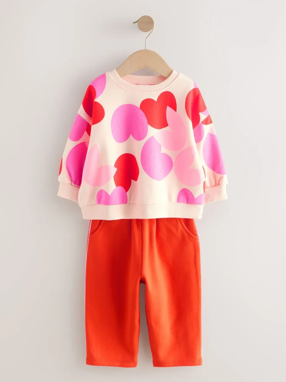 Sets En Combisets|Truien En Breisels*Next Roze/rood met hart - Set van sweatshirt en joggingbroek met rechte wijde pijpen (3mnd -7jr)