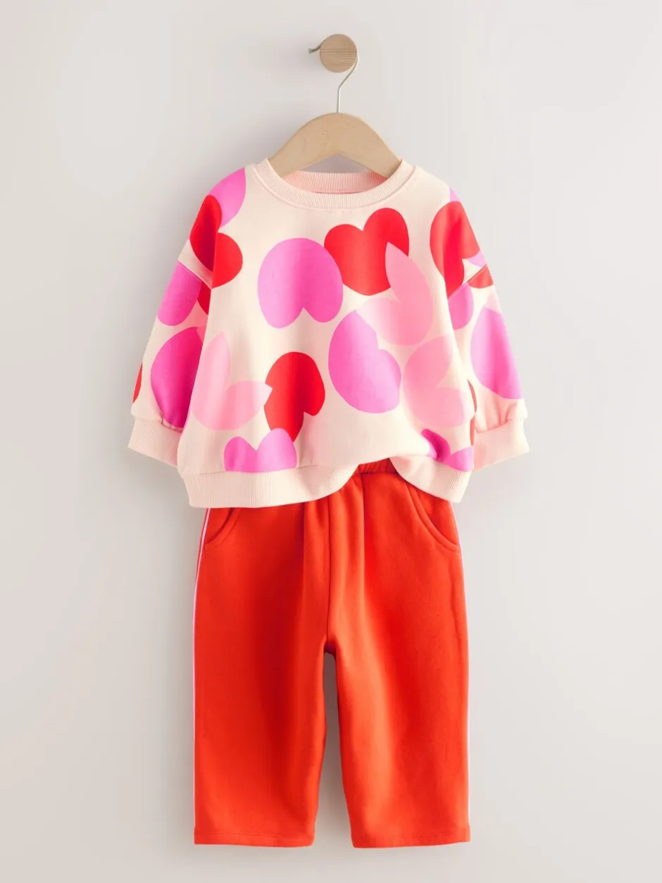 Sets En Combisets|Truien En Breisels*Next Roze/rood met hart - Set van sweatshirt en joggingbroek met rechte wijde pijpen (3mnd -7jr)