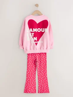 Sets En Outfits|Sweaters En Hoody´S|Next - Sweatshirt and Flare Leggings Set (3-16yrs) Roze/rood met hart