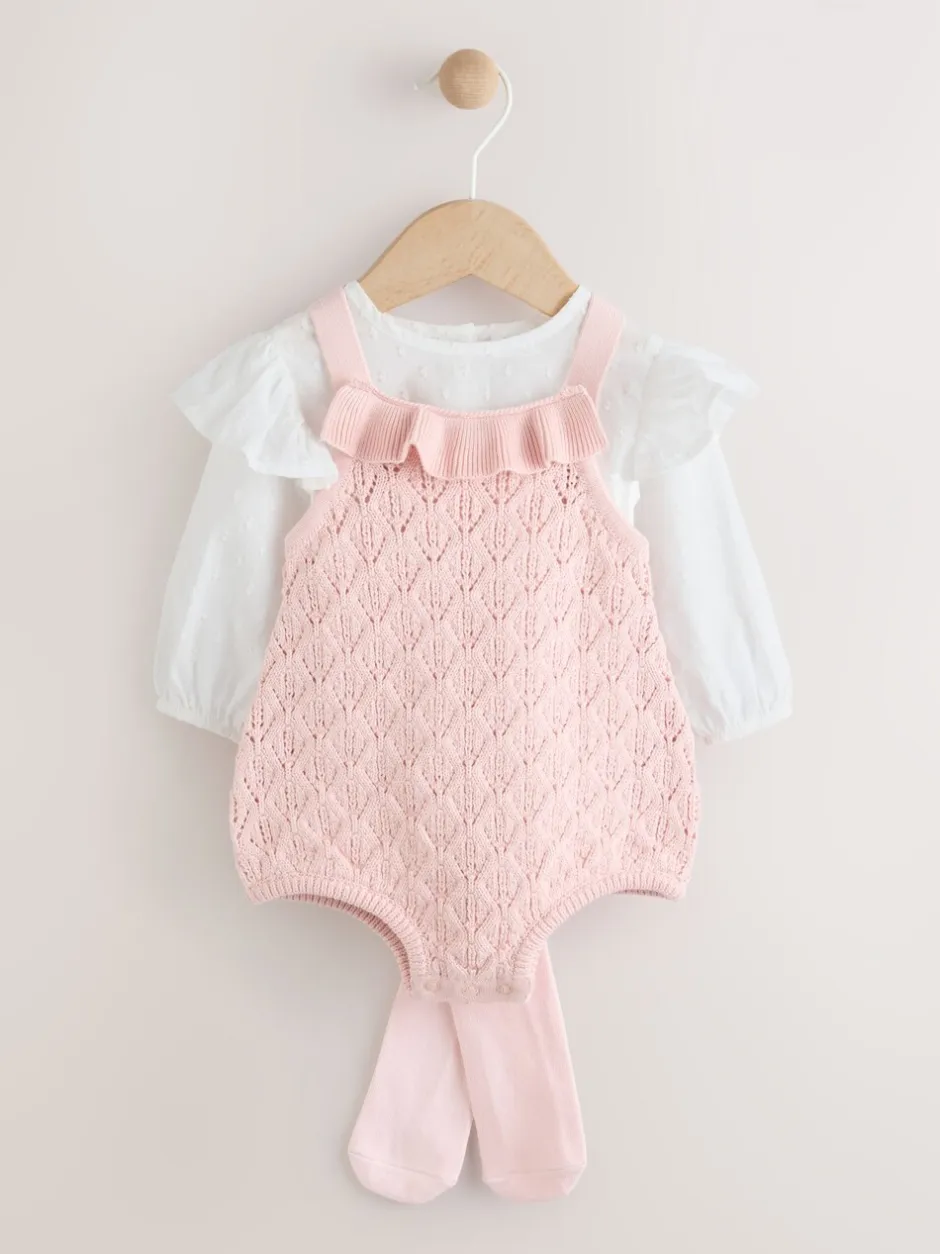 Rompertjes En Tuinbroeken|Next Roze/wit - 3 -delige babyset van rompertje en gebreide bretelbroeken met panty (0mnd-2jr)