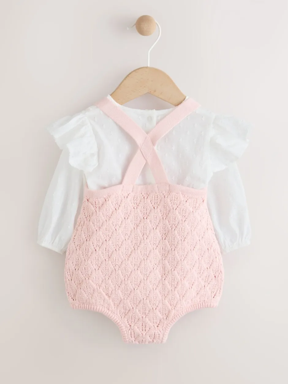 Rompertjes En Tuinbroeken|Next Roze/wit - 3 -delige babyset van rompertje en gebreide bretelbroeken met panty (0mnd-2jr)