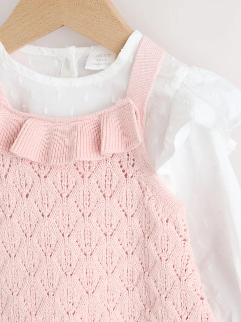 Rompertjes En Tuinbroeken|Next Roze/wit - 3 -delige babyset van rompertje en gebreide bretelbroeken met panty (0mnd-2jr)