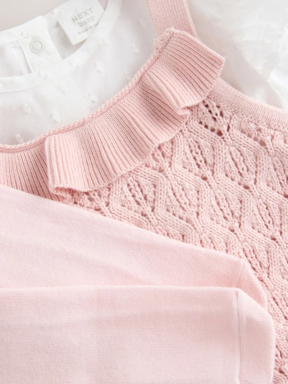 Rompertjes En Tuinbroeken|Next Roze/wit - 3 -delige babyset van rompertje en gebreide bretelbroeken met panty (0mnd-2jr)