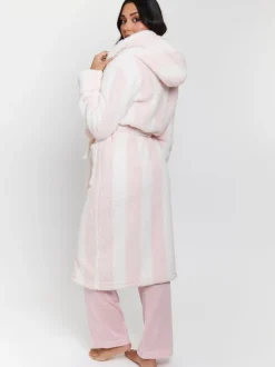 Badjassen|Loungeable - - Dikke gestreepte midi-badjas met capuchon van sherpa Roze/wit