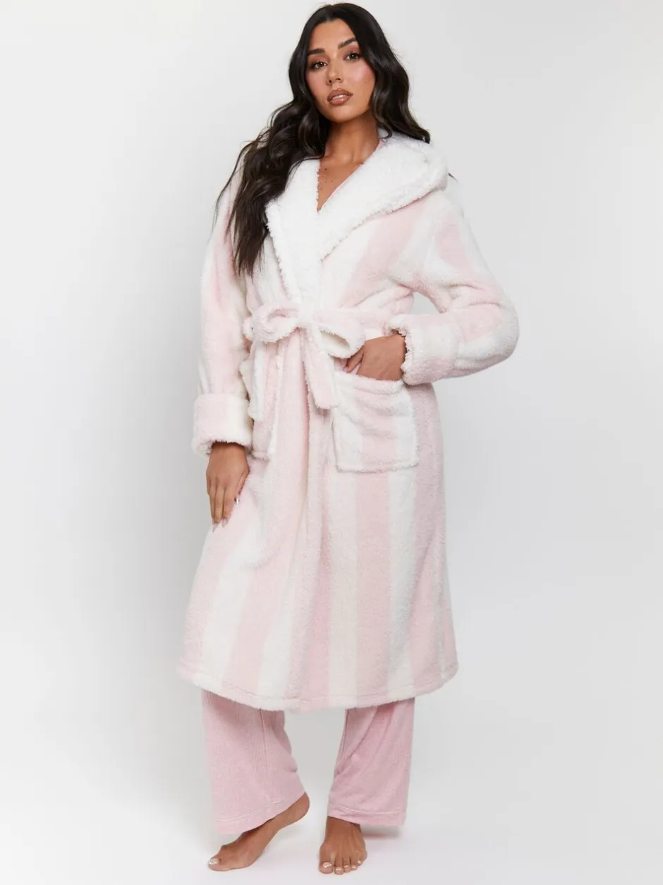 Badjassen|Loungeable - - Dikke gestreepte midi-badjas met capuchon van sherpa Roze/wit