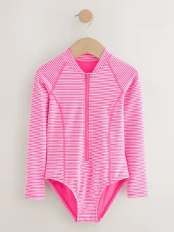 Badkleding|Next - Textured Long Sleeve Sunsafe Swimsuit (3-16yrs) Roze/wit gestreept