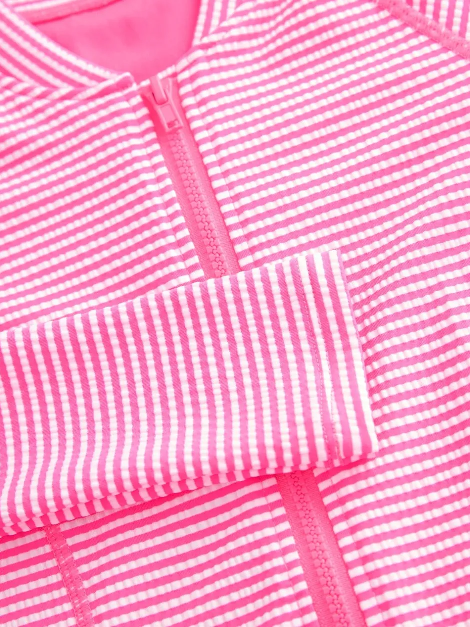 Badkleding|Next - Textured Long Sleeve Sunsafe Swimsuit (3-16yrs) Roze/wit gestreept