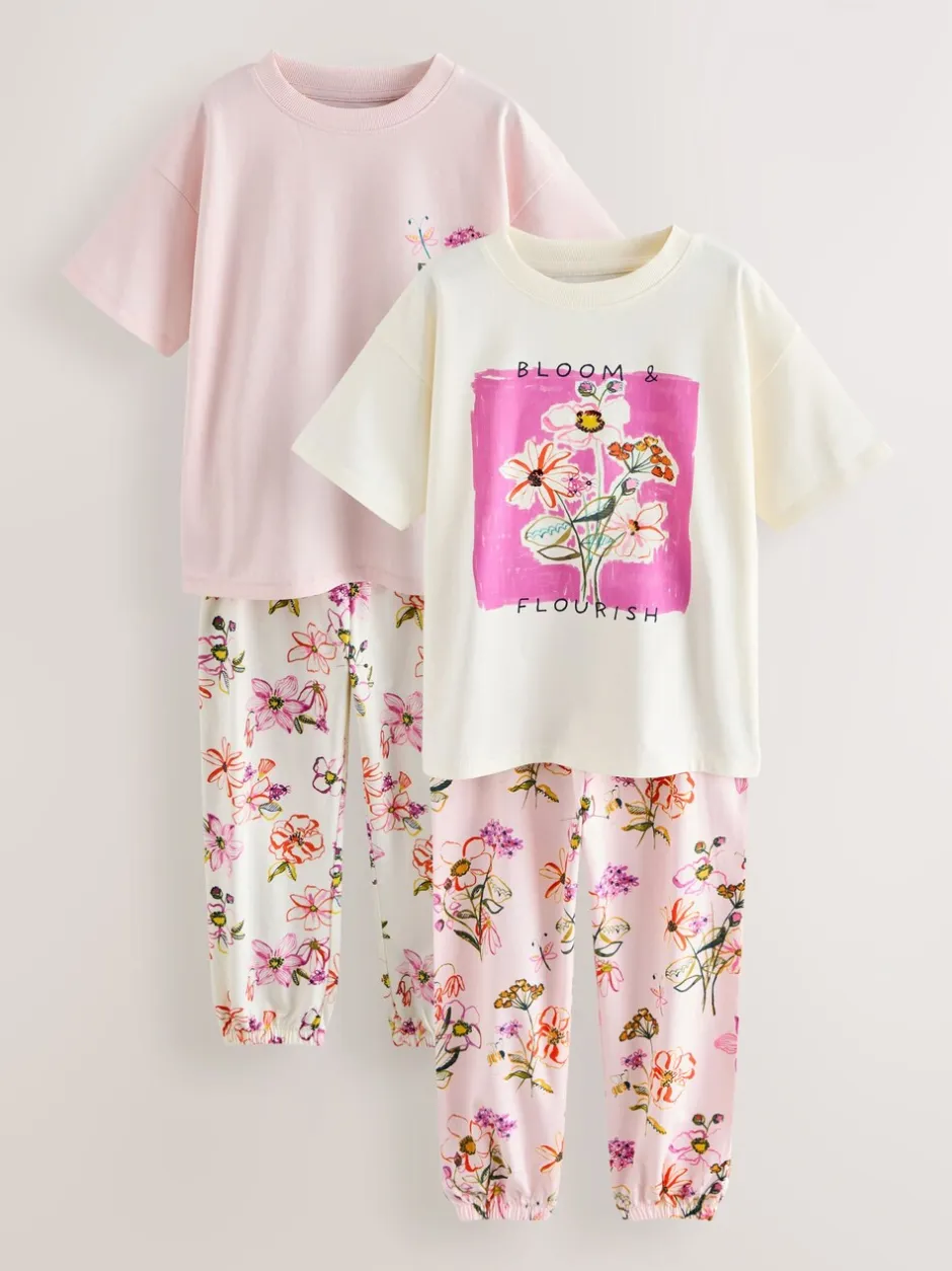 Nachtkleding En Pyjama's|Pyjama's|Next - Verpakking van 2 pyjama's met joggingbroek (3 - 16 jr) Roze/wit met bloemenprint