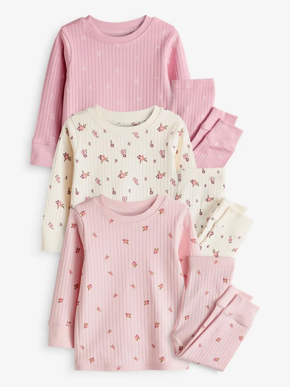 Nachtkleding En Pyjama's|Pyjama's|Next - Knusse geribbelde pyjama's 3 verpakking (9mnd-12jr) Roze/witte Ditsy